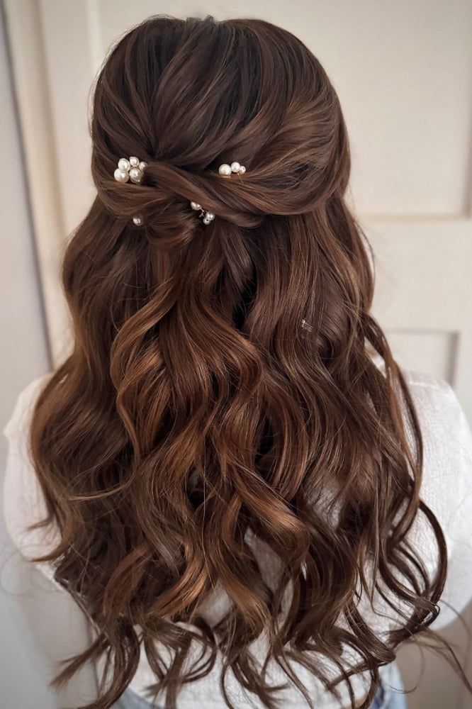 Long Wavy Half Up Half Down With Twists and Pearls Long Wavy Half Up Half Down With Twists and Pearls — Beach Wedding Hairstyles 2027
