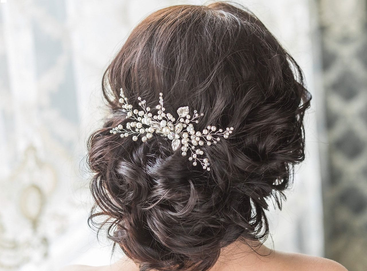 Dark Brown Curly Bob Updo With Accessory Dark Brown Curly Bob Updo With Accessory — Beach Wedding Hairstyles 2027