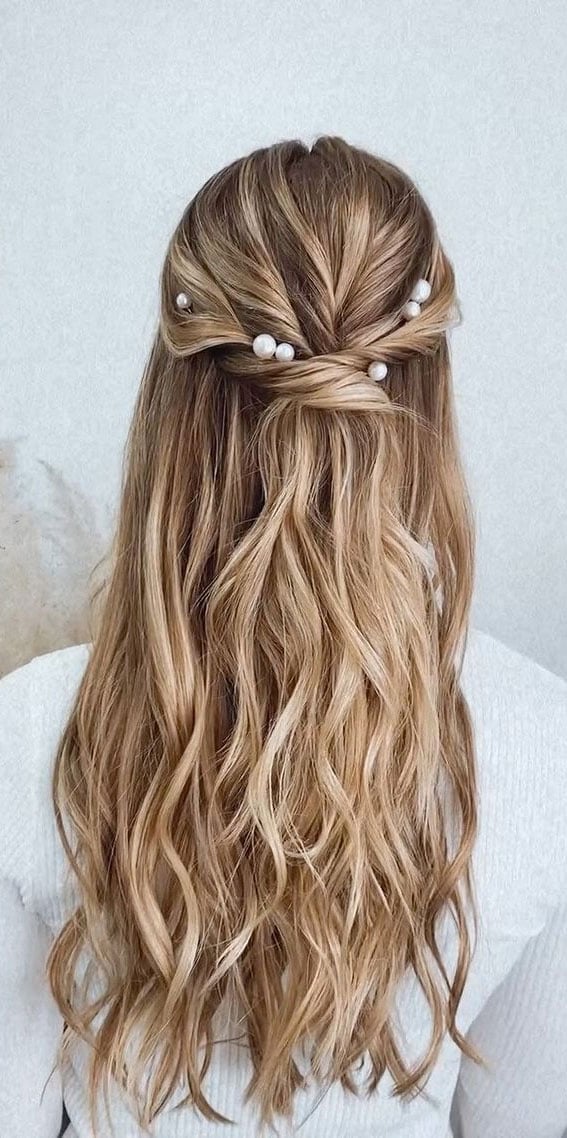 Half Up Half Down Waves With Pearl Accents Half Up Half Down Waves With Pearl Accents — Beach Wedding Hairstyles 2027