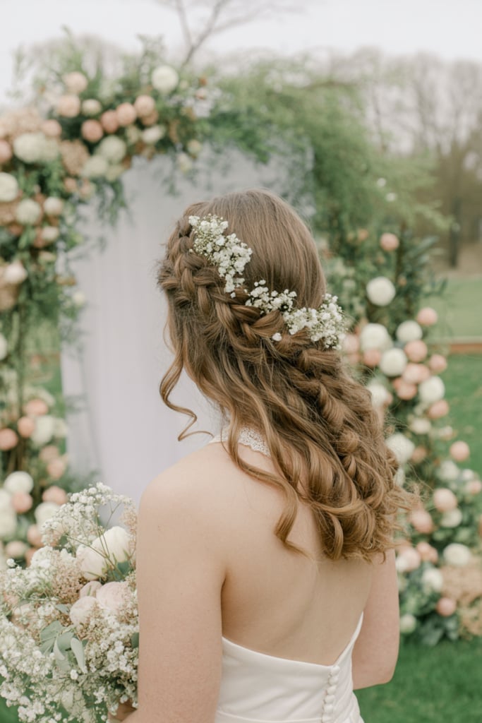 Collarbone Half Updo With Braids and Flowers Collarbone Half Updo With Braids and Flowers — Beach Wedding Hairstyles 2027