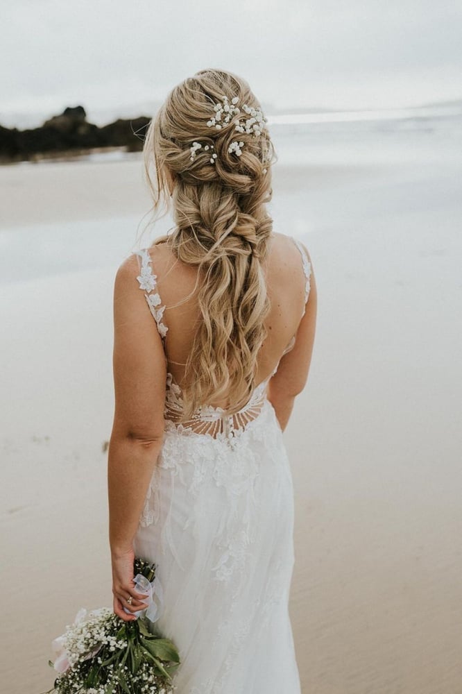 Long Fishtail Braid With Baby's Breath Long Fishtail Braid With Baby's Breath — Beach Wedding Hairstyles 2027