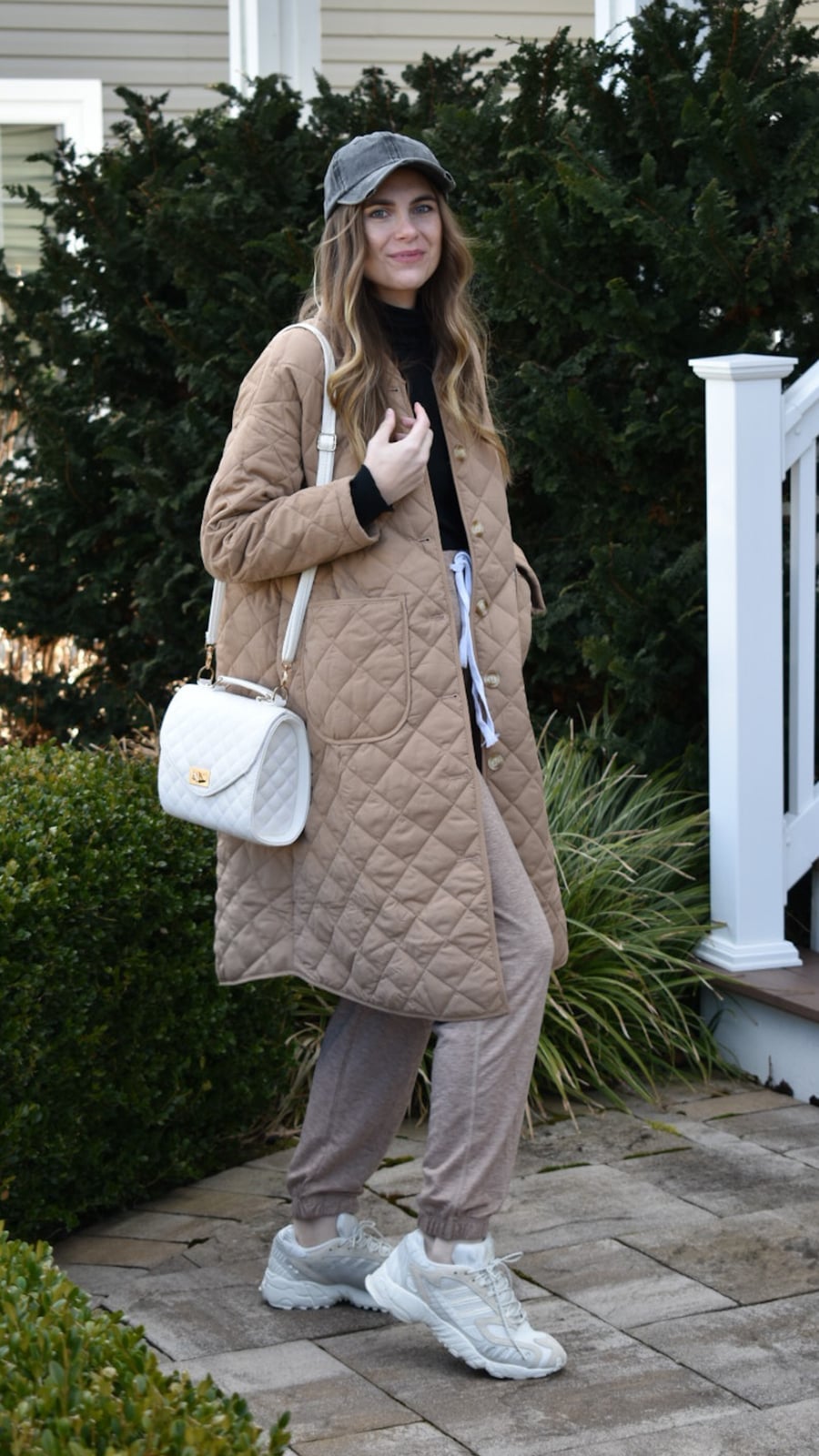 Beige Joggers With Black Turtleneck And Quilted Coat, Close-Up Take Beige Joggers With Black Turtleneck And Quilted Coat, Close-Up Take — Beige Joggers Outfits 2027