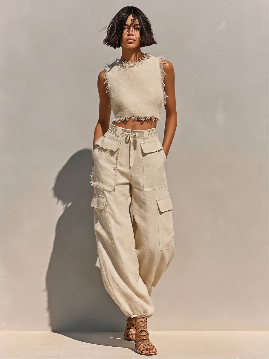 Linen-Blend Joggers With A Frayed Crop Tank Linen-Blend Joggers With A Frayed Crop Tank — Beige Joggers Outfits 2027