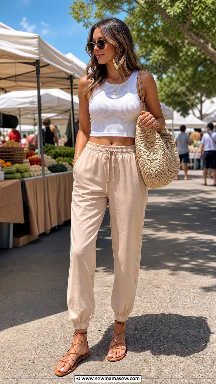 Beige Joggers With A White Ribbed Tank At The Market Beige Joggers With A White Ribbed Tank At The Market — Beige Joggers Outfits 2027