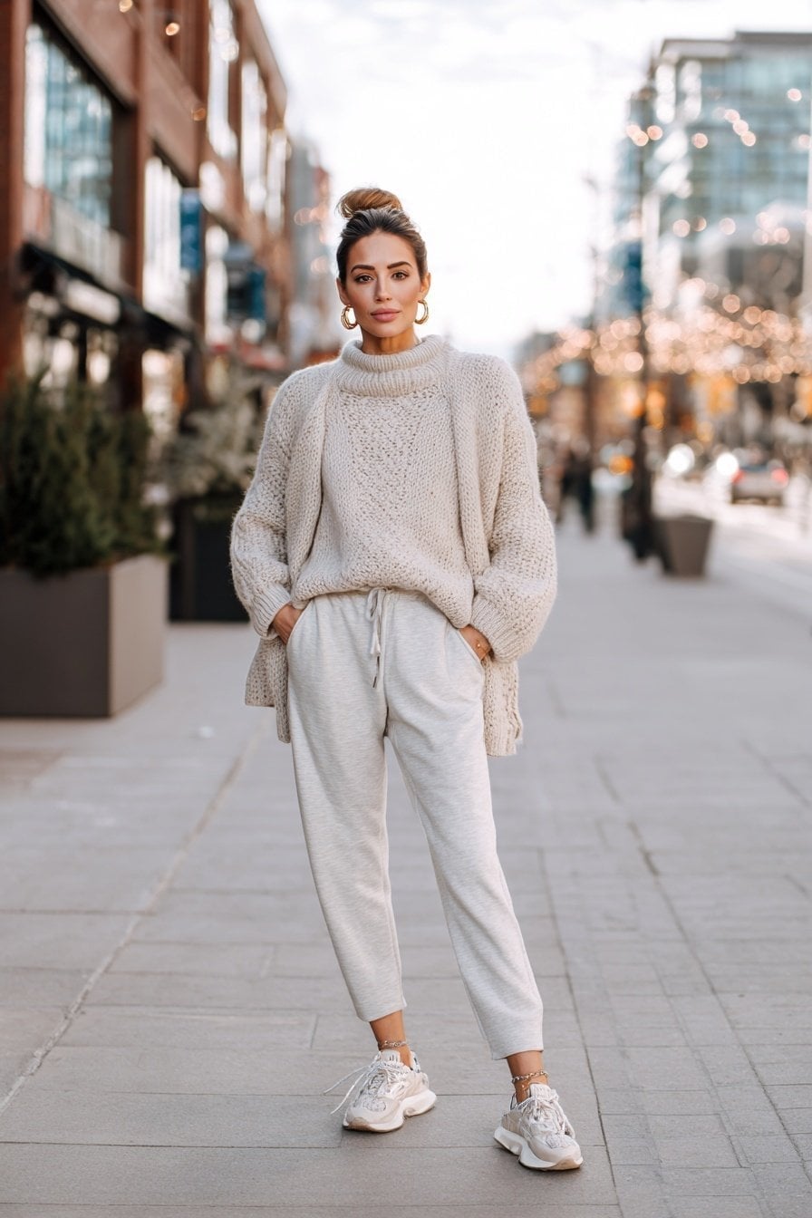 Light Beige Joggers With A Cream Turtleneck And Knit Cardigan Light Beige Joggers With A Cream Turtleneck And Knit Cardigan — Beige Joggers Outfits 2027