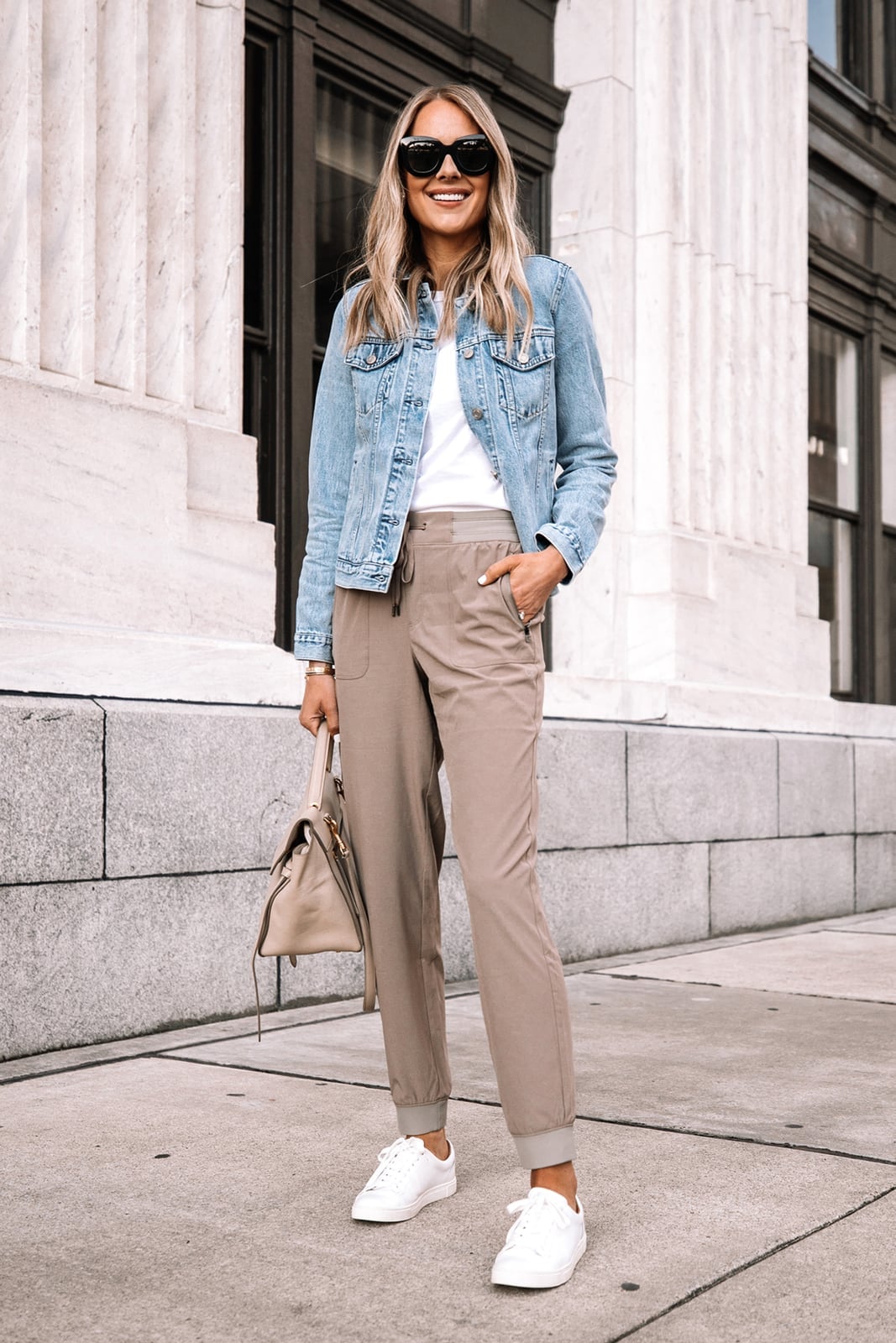 Beige Joggers With A White Tee And Denim Jacket Beige Joggers With A White Tee And Denim Jacket — Beige Joggers Outfits 2027