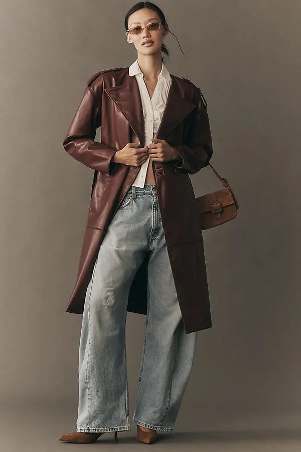 Burgundy Faux Leather Trench With Jeans, White Shirt Burgundy Faux Leather Trench With Jeans, White Shirt — Belted Trench Coat Outfits 2027