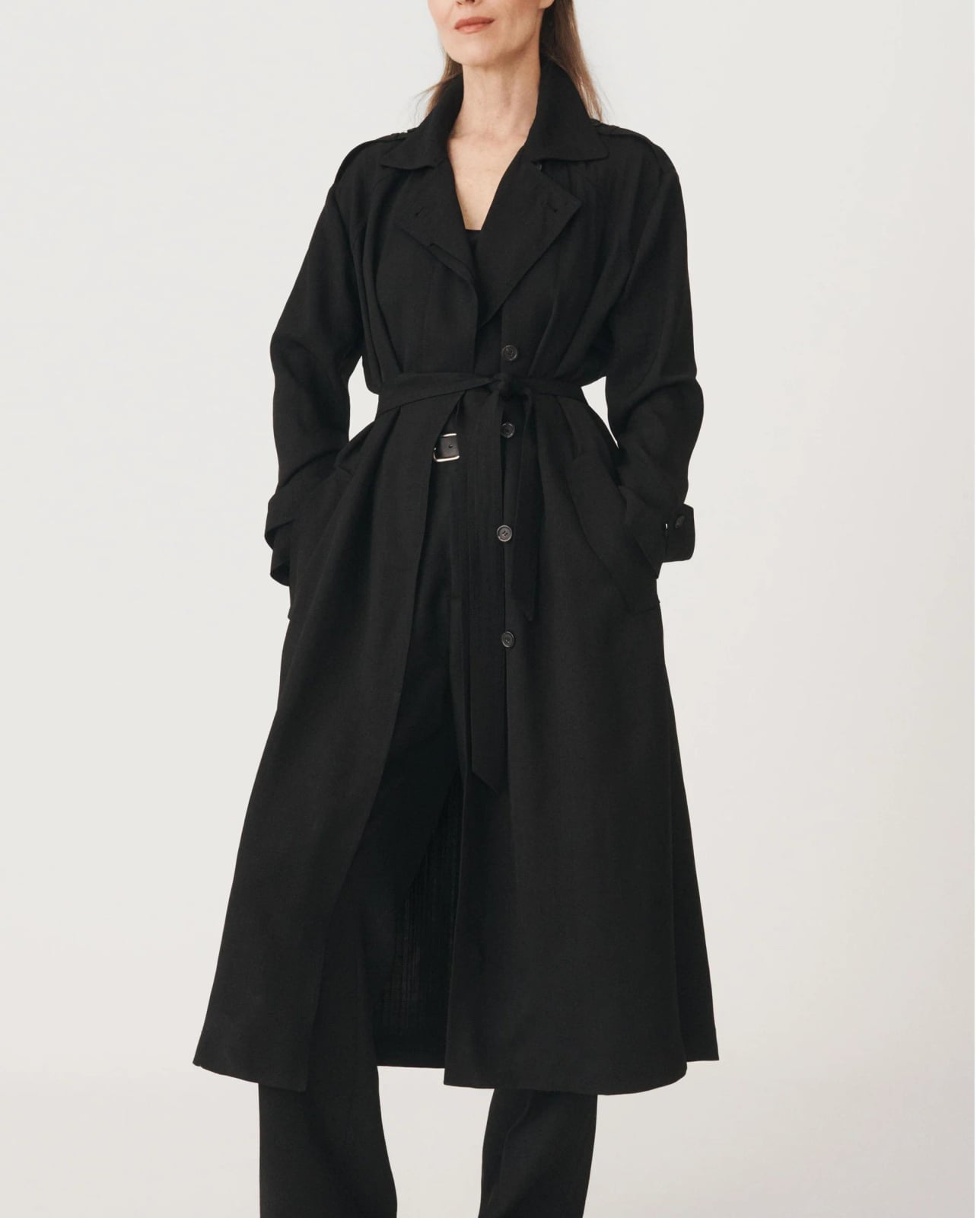 Oversized Black Linen-Look Trench, Close-Up Take Oversized Black Linen-Look Trench, Close-Up Take — Belted Trench Coat Outfits 2027