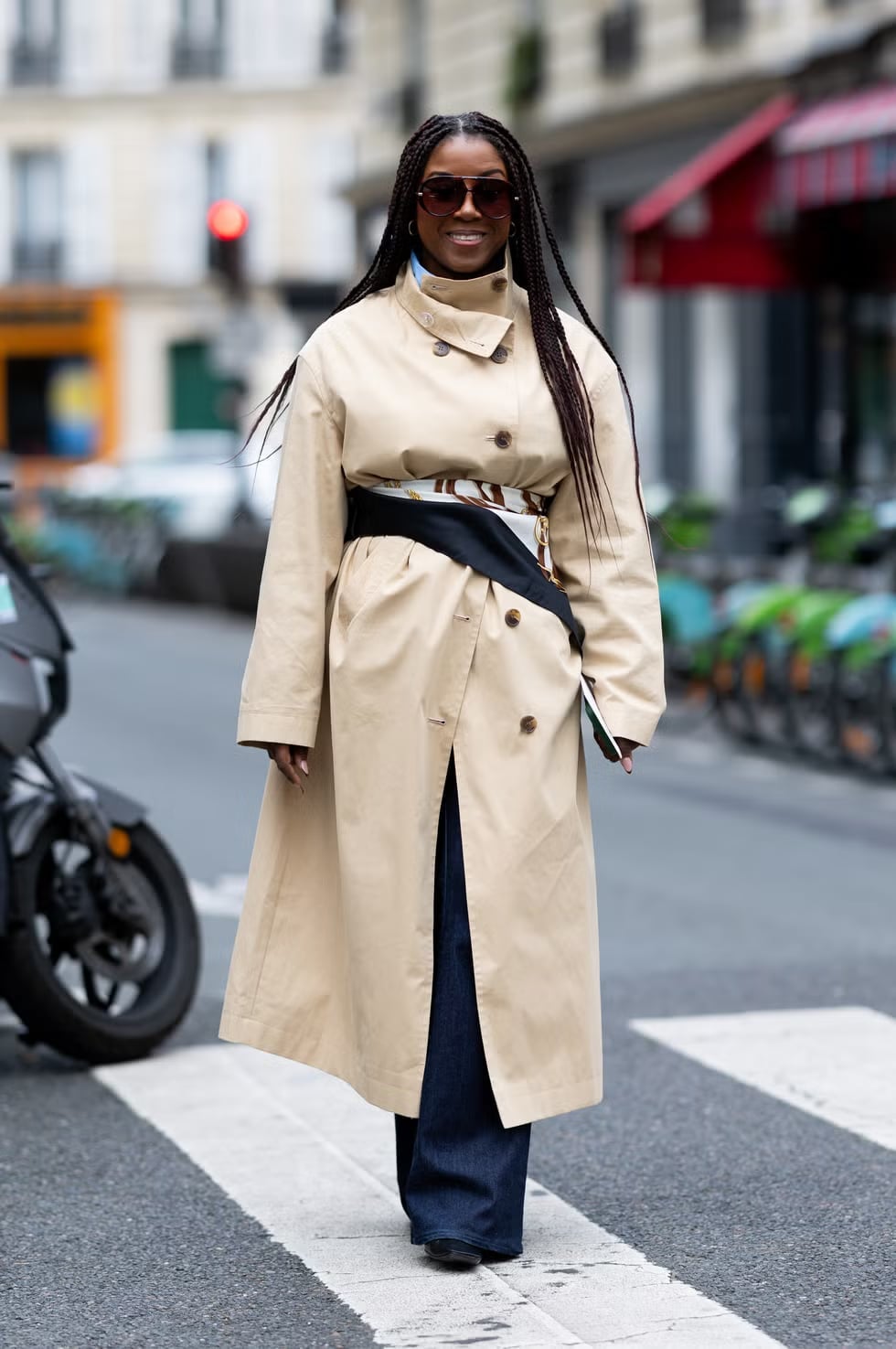 Beige Trench Cinched With Wide Patterned Belt Beige Trench Cinched With Wide Patterned Belt — Belted Trench Coat Outfits 2027