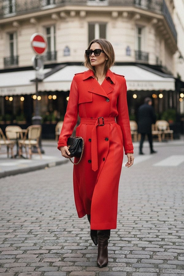 Vibrant Red Trench For Evening Vibrant Red Trench For Evening — Belted Trench Coat Outfits 2027