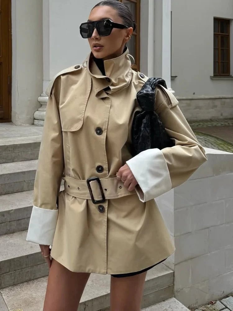 Short Beige Trench With White Cuffs Short Beige Trench With White Cuffs — Belted Trench Coat Outfits 2027