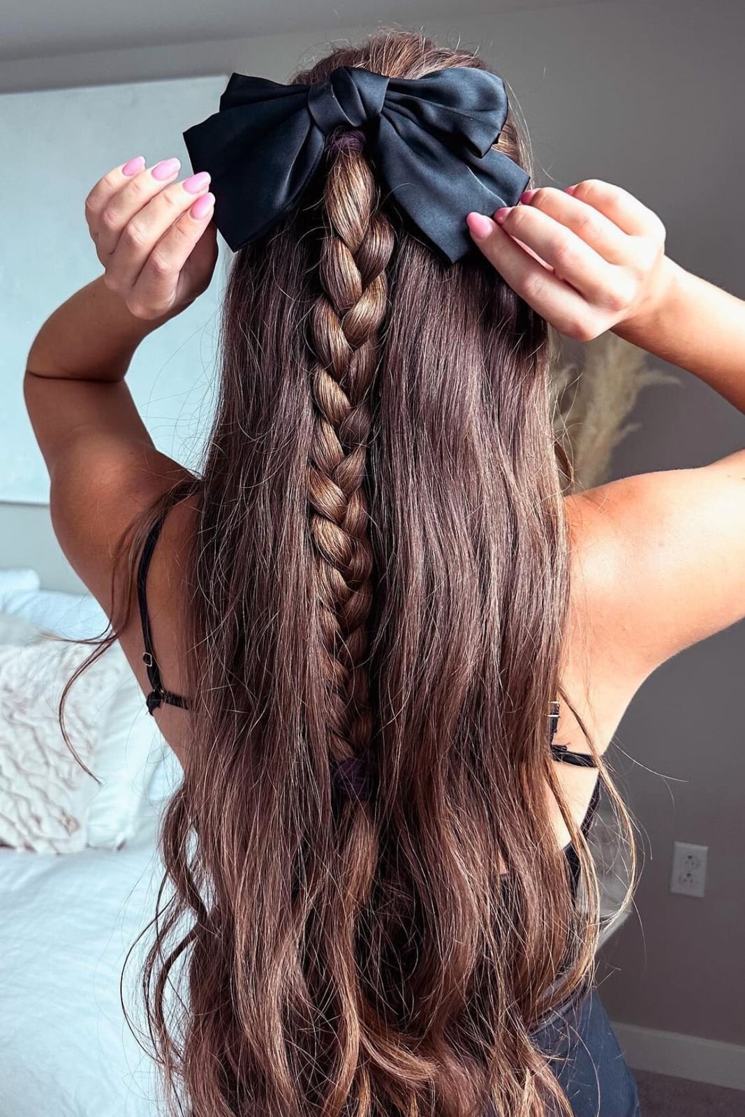 Long Braid With Large Black Satin Bow Long Braid With Large Black Satin Bow — Big Hair Bow Hairstyles 2027