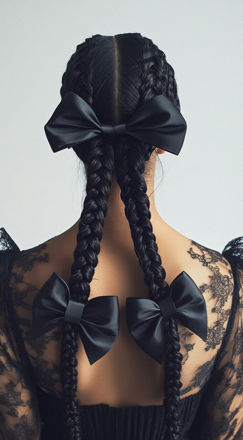 Long Braids With Multiple Black Bows Long Braids With Multiple Black Bows — Big Hair Bow Hairstyles 2027