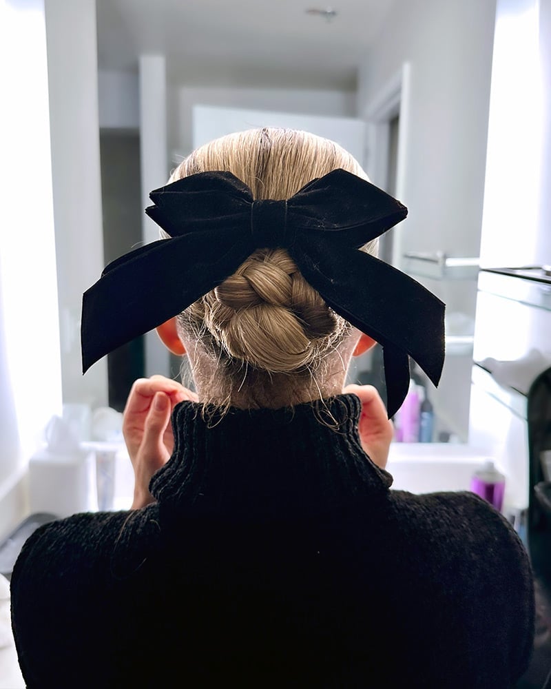 Chin Length Bun With Braid and Velvet Bow Chin Length Bun With Braid and Velvet Bow — Big Hair Bow Hairstyles 2027