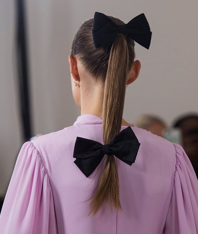 Collarbone Ponytail With Two Black Bows Collarbone Ponytail With Two Black Bows — Big Hair Bow Hairstyles 2027