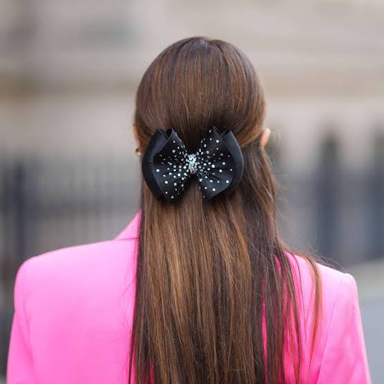 Mid-Back Half Up With Sparkly Black Bow Mid-Back Half Up With Sparkly Black Bow — Big Hair Bow Hairstyles 2027