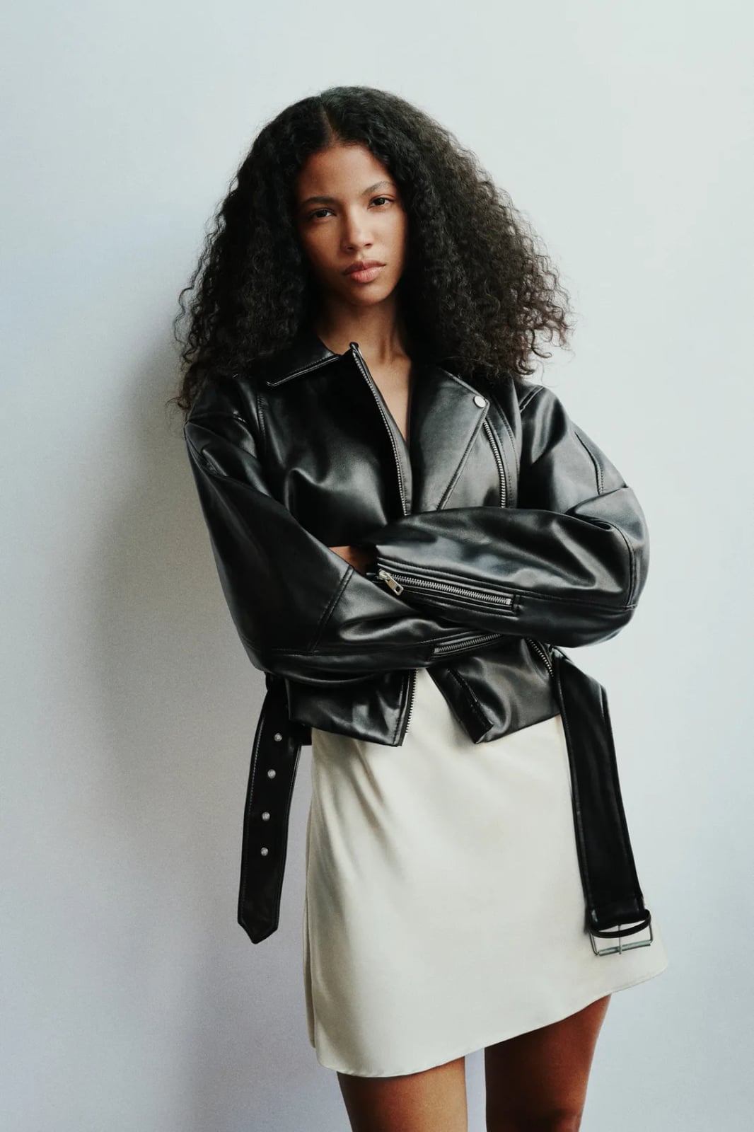 Oversized Black Biker Jacket Over Cream Slip Dress With Belt Oversized Black Biker Jacket Over Cream Slip Dress With Belt — Biker Leather Jacket Outfits 2027