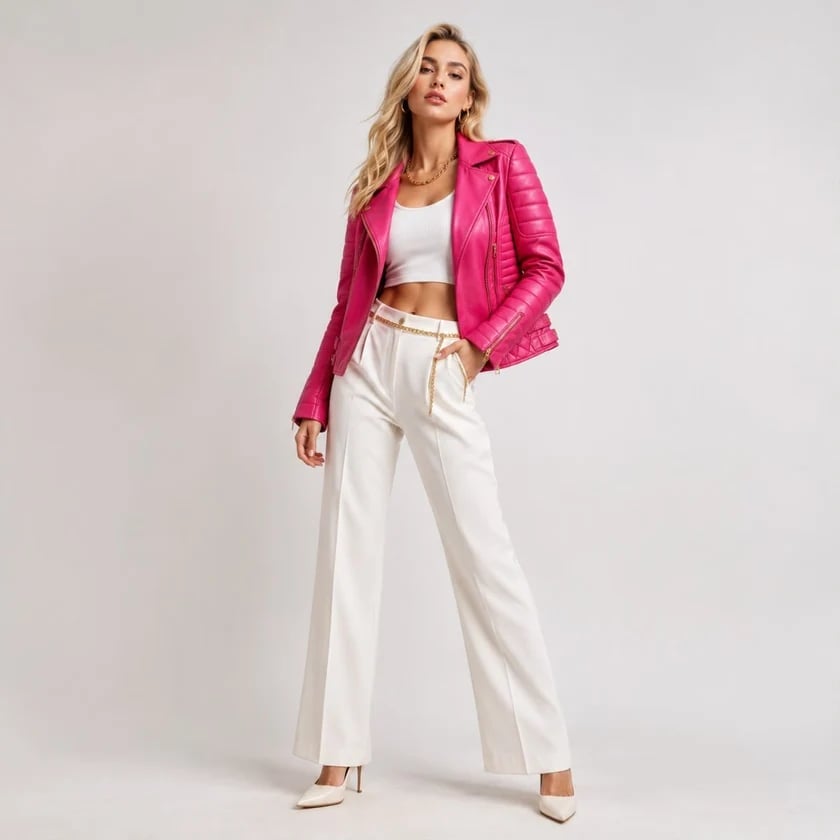 Fuchsia Pink Cropped Biker Jacket With White Crop Top and Wide Leg Fuchsia Pink Cropped Biker Jacket With White Crop Top and Wide Leg — Biker Leather Jacket Outfits 2027