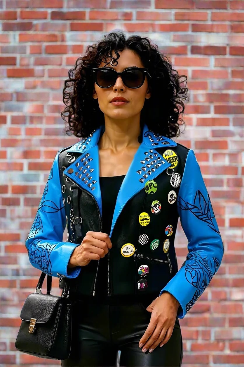 Black and Blue Leather Biker Jacket With Pins and Studs Black and Blue Leather Biker Jacket With Pins and Studs — Biker Leather Jacket Outfits 2027