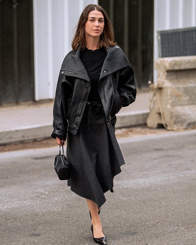 Oversized Black Leather Biker Jacket With Asymmetric Skirt Oversized Black Leather Biker Jacket With Asymmetric Skirt — Biker Leather Jacket Outfits 2027