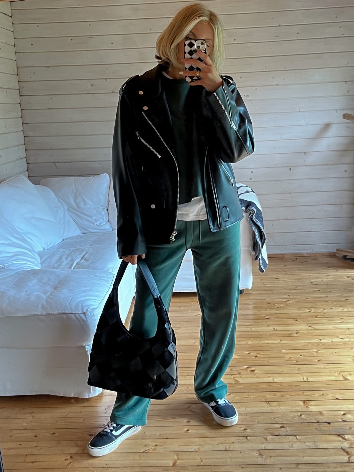 Oversized Black Biker Jacket With Green T-shirt and Velour Pants Oversized Black Biker Jacket With Green T-shirt and Velour Pants — Biker Leather Jacket Outfits 2027