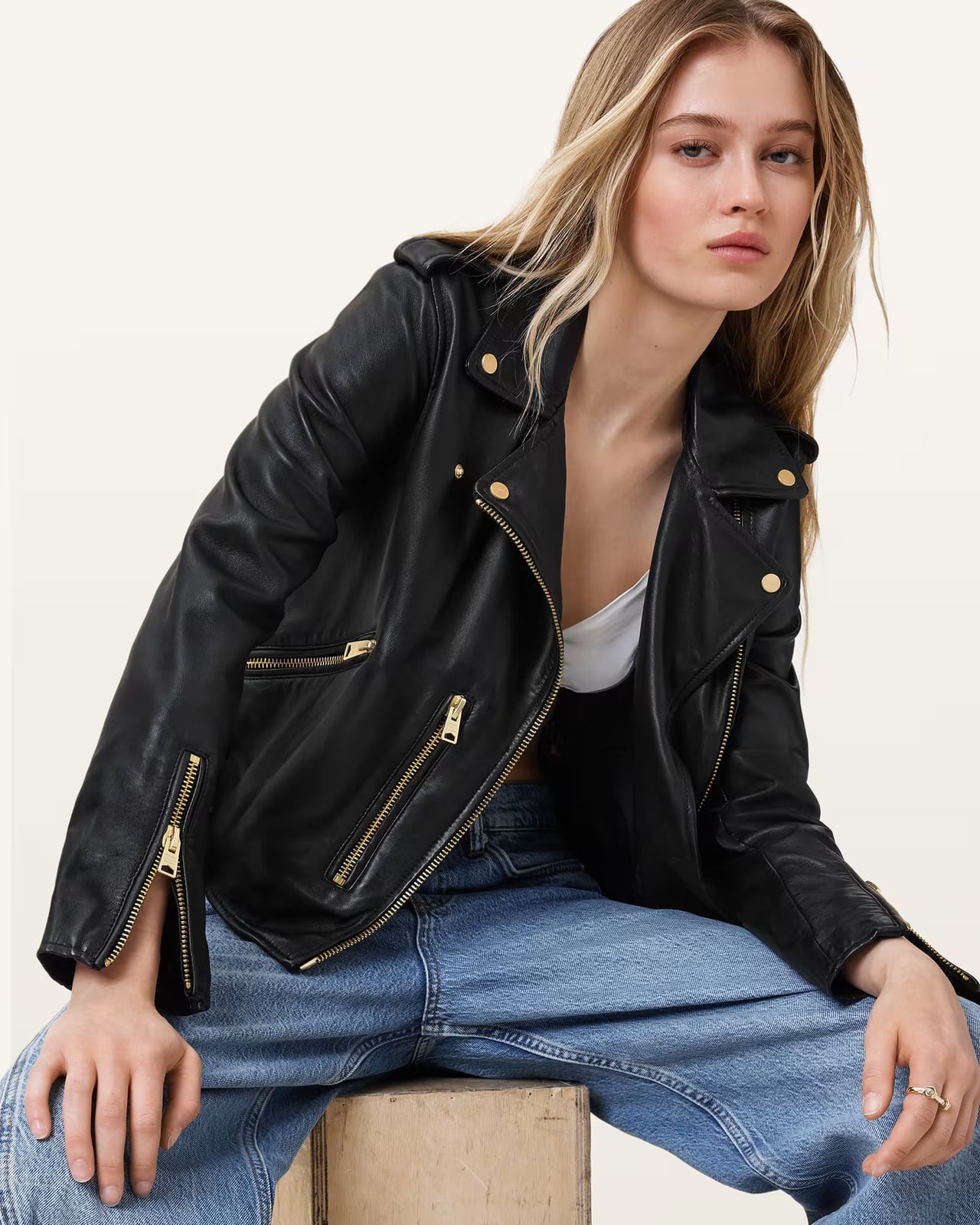 Black Leather Biker Jacket With Gold Hardware Over White Bralette Black Leather Biker Jacket With Gold Hardware Over White Bralette — Biker Leather Jacket Outfits 2027