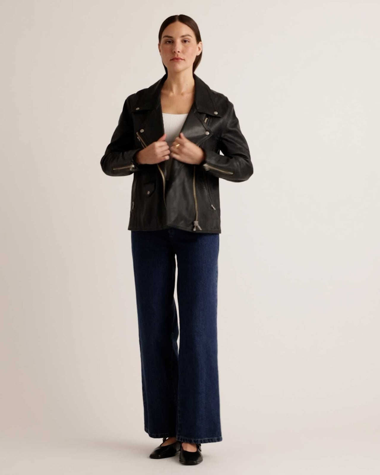 Oversized Black Biker Jacket With Tank Top and Wide Leg Jeans, Flats Oversized Black Biker Jacket With Tank Top and Wide Leg Jeans, Flats — Biker Leather Jacket Outfits 2027