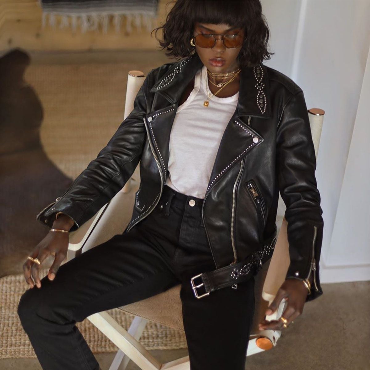 Studded Black Biker Jacket With White Tee and Black Jeans Studded Black Biker Jacket With White Tee and Black Jeans — Biker Leather Jacket Outfits 2027