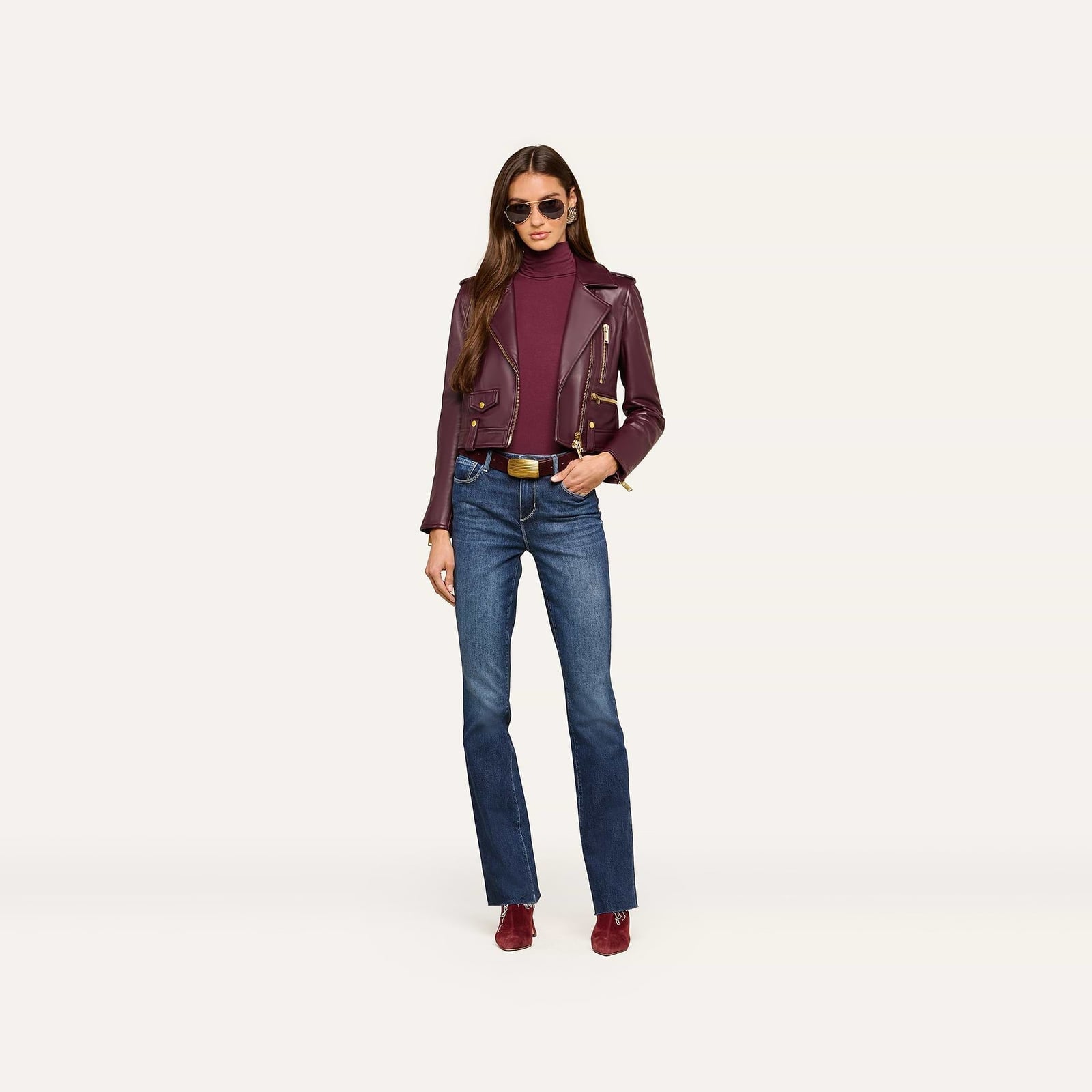 Burgundy Leather Biker Jacket Over Burgundy Turtleneck and Blue Jeans Burgundy Leather Biker Jacket Over Burgundy Turtleneck and Blue Jeans — Biker Leather Jacket Outfits 2027