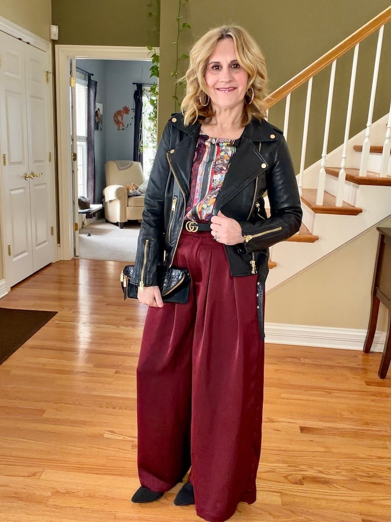 Black Leather Biker Jacket With Printed Blouse and Satin Trousers Black Leather Biker Jacket With Printed Blouse and Satin Trousers — Biker Leather Jacket Outfits 2027