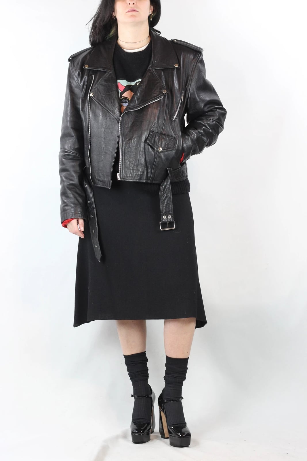 Black Biker Jacket Over Black Top With Gray A-line Midi Skirt Black Biker Jacket Over Black Top With Gray A-line Midi Skirt — Biker Leather Jacket Outfits 2027