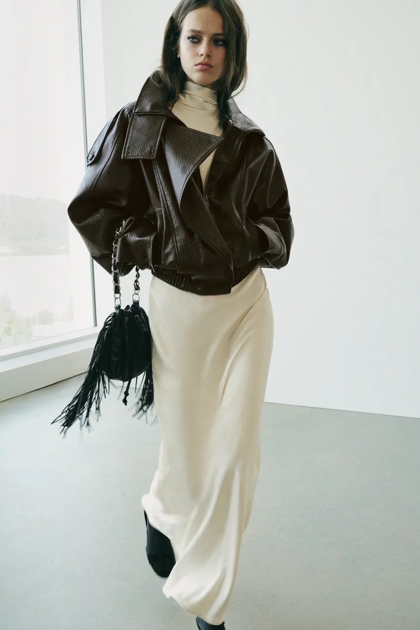 Brown Faux Leather Bomber Jacket With Cream Turtleneck and Bias Cut Brown Faux Leather Bomber Jacket With Cream Turtleneck and Bias Cut — Biker Leather Jacket Outfits 2027