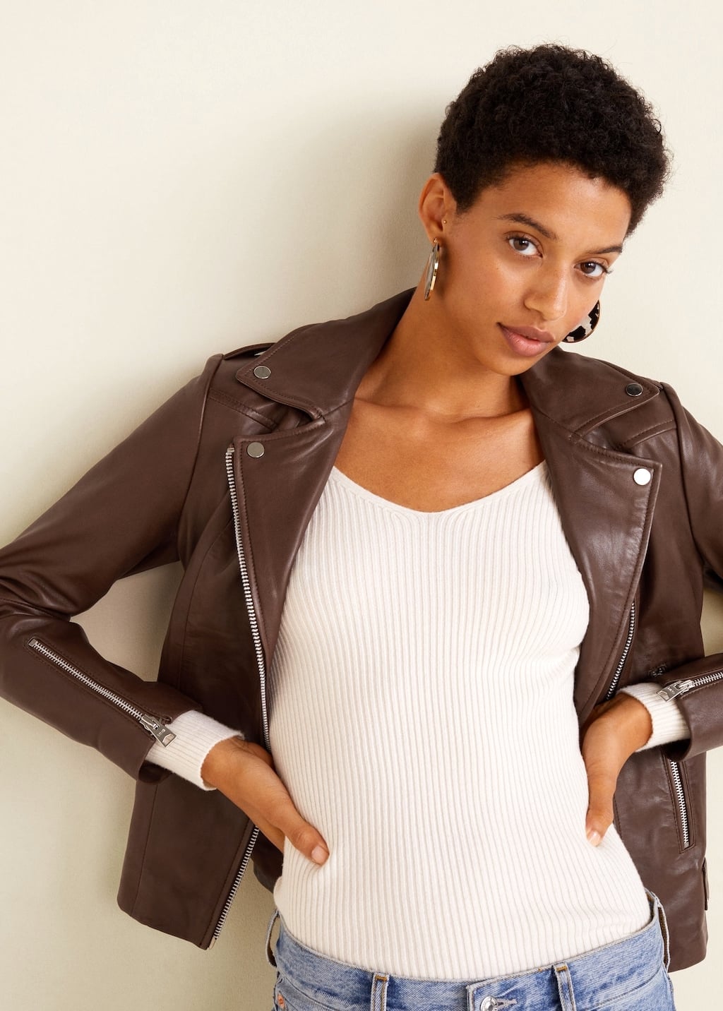 Fitted Brown Leather Biker Jacket Over Ribbed Tank Top Fitted Brown Leather Biker Jacket Over Ribbed Tank Top — Biker Leather Jacket Outfits 2027