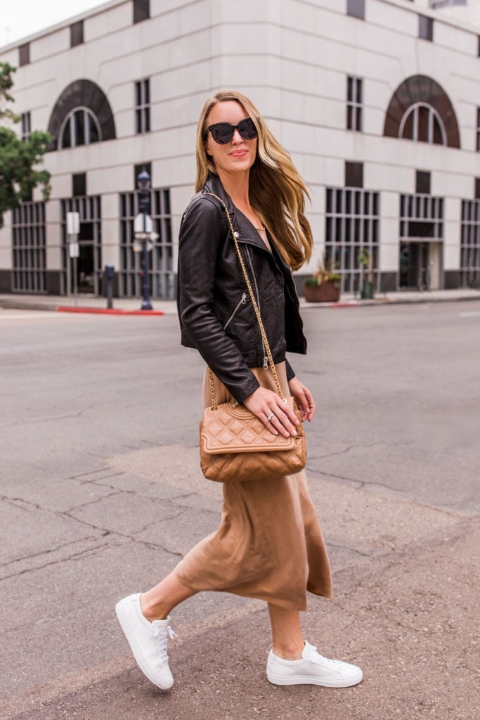 Black Leather Biker Jacket With Tan Knit Dress and White Sneakers Black Leather Biker Jacket With Tan Knit Dress and White Sneakers — Biker Leather Jacket Outfits 2027