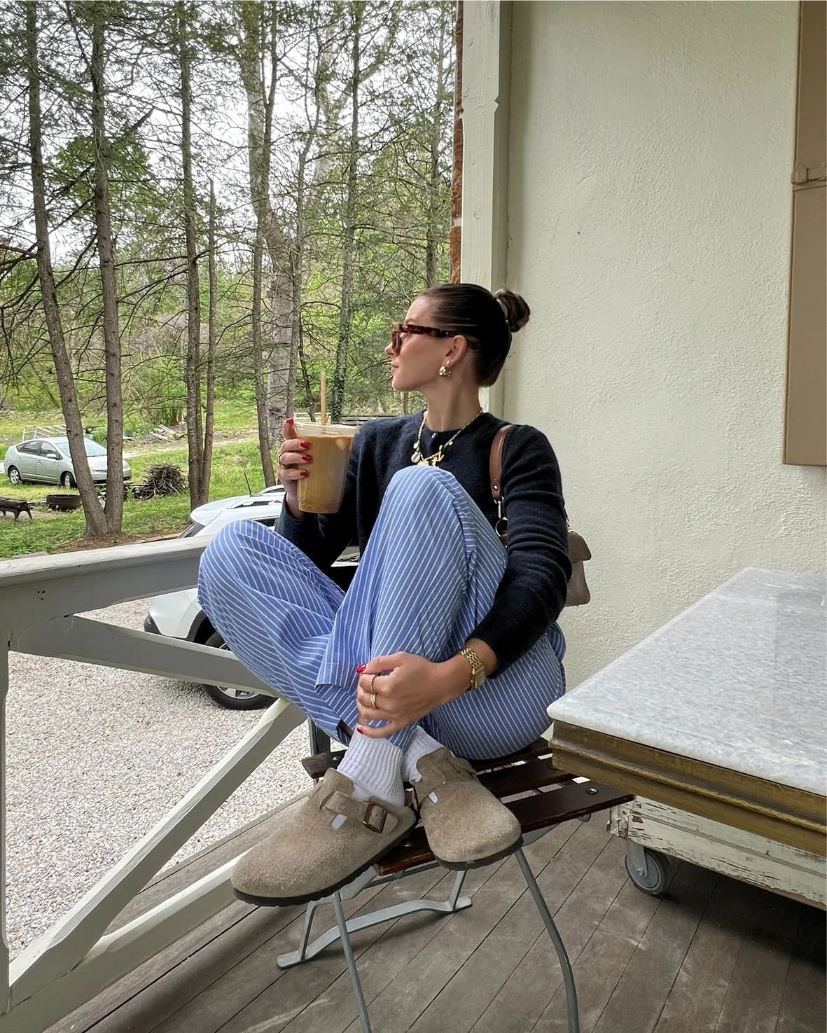 Striped Pants and Sweater with Light Brown Clogs Striped Pants and Sweater with Light Brown Clogs — Birkenstock Boston Outfits 2027