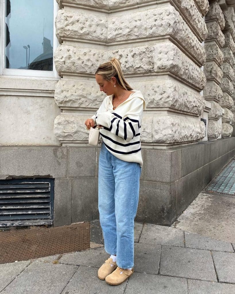 Striped Sweater and Jeans with Tan Clogs Striped Sweater and Jeans with Tan Clogs — Birkenstock Boston Outfits 2027