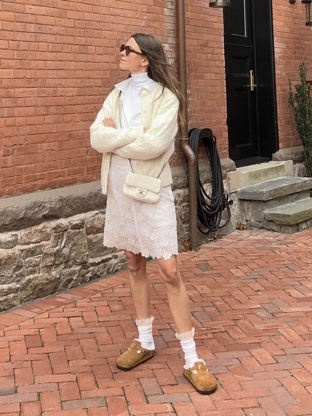 Lace Skirt and Cardigan with Tan Clogs Lace Skirt and Cardigan with Tan Clogs — Birkenstock Boston Outfits 2027