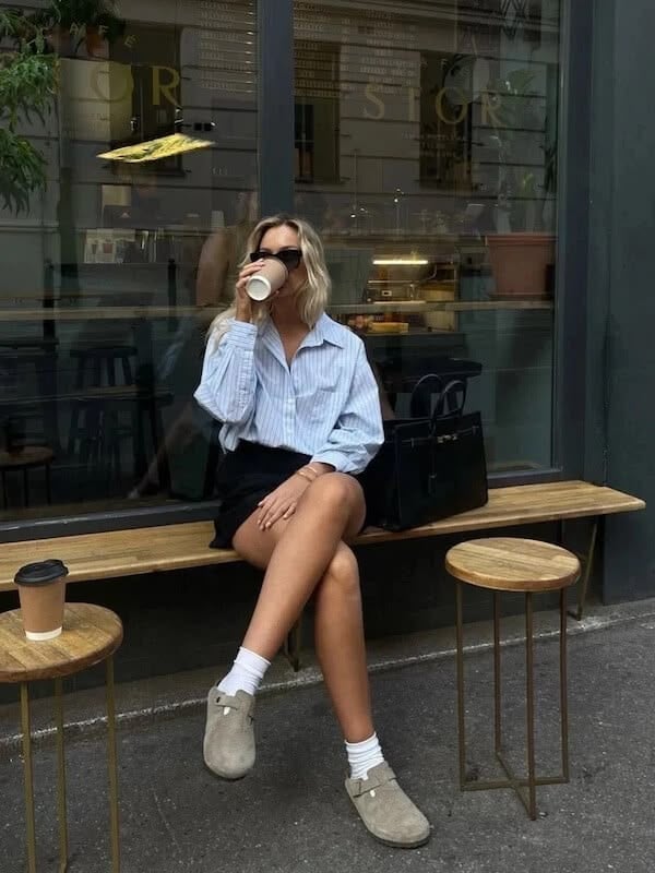 Striped Shirt and Mini Skirt with Gray Clogs, Close-Up Take Striped Shirt and Mini Skirt with Gray Clogs, Close-Up Take — Birkenstock Boston Outfits 2027