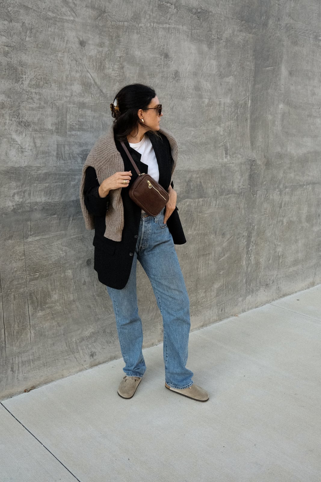 Blazer and Draped Sweater with Gray Clogs, Straight Leg Jeans Blazer and Draped Sweater with Gray Clogs, Straight Leg Jeans — Birkenstock Boston Outfits 2027