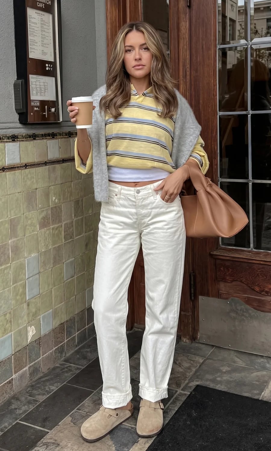 Striped Polo and Cardigan with Taupe Clogs Striped Polo and Cardigan with Taupe Clogs — Birkenstock Boston Outfits 2027