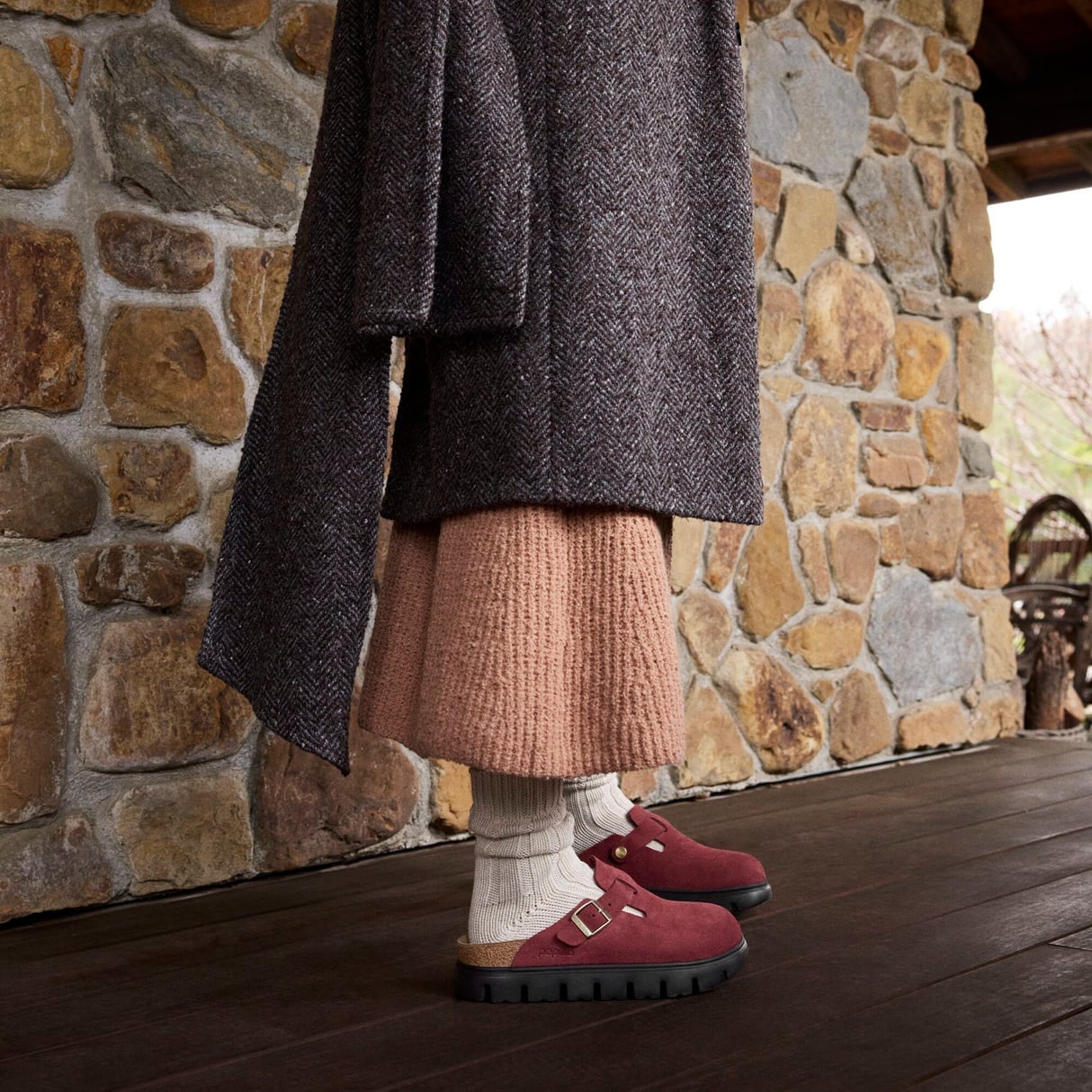 Tweed Coat and Knit Skirt with Burgundy Clogs Tweed Coat and Knit Skirt with Burgundy Clogs — Birkenstock Boston Outfits 2027