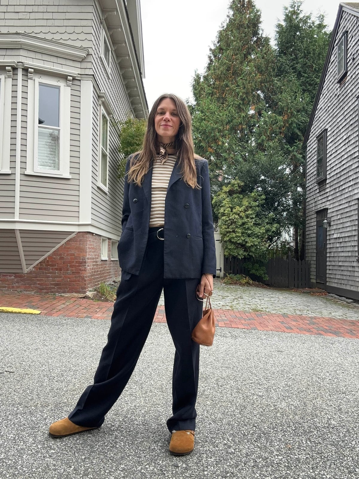 Navy Blazer and Trousers with Tan Clogs Navy Blazer and Trousers with Tan Clogs — Birkenstock Boston Outfits 2027