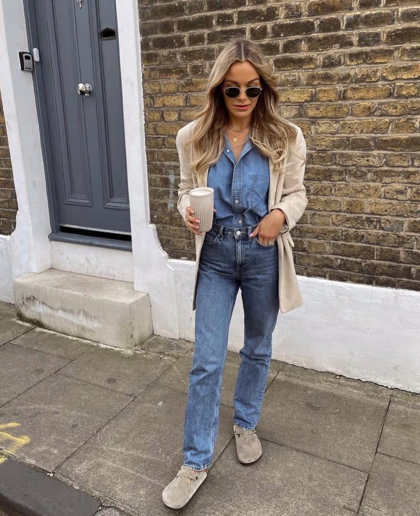 Denim Shirt and Blazer with Gray Clogs Denim Shirt and Blazer with Gray Clogs — Birkenstock Boston Outfits 2027