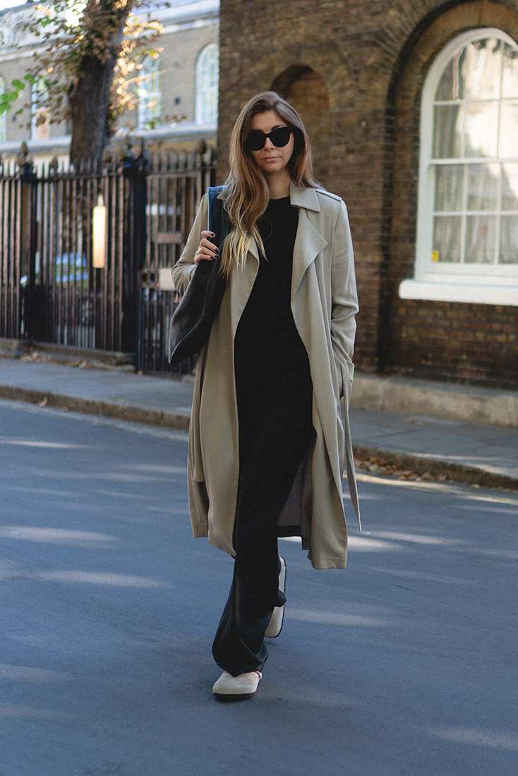 Trench Coat and Dress with Light Clogs Trench Coat and Dress with Light Clogs — Birkenstock Boston Outfits 2027