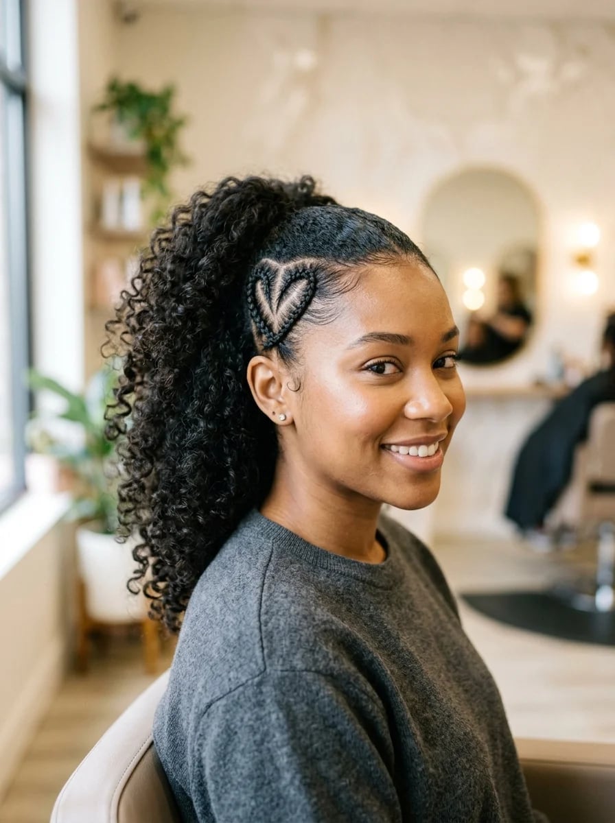 Curly Black Ponytail With Braided Heart Curly Black Ponytail With Braided Heart — Birthday Ponytail Hairstyles 2027