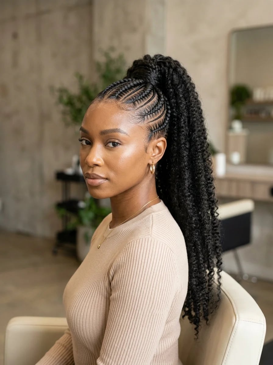 Braided Front Black Ponytail With Coily Curls Braided Front Black Ponytail With Coily Curls — Birthday Ponytail Hairstyles 2027