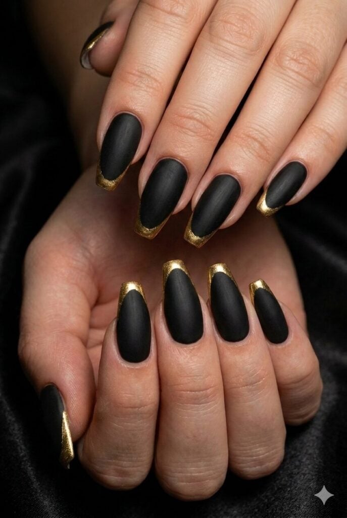 Medium Coffin Matte Black Gold Tips Medium Coffin Matte Black Gold Tips — Black and Gold Nails 2027