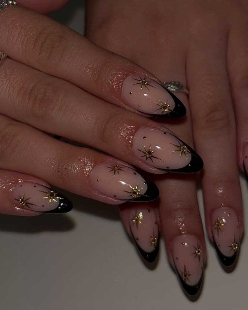 Long Stiletto Nude Black French Gold Studs Long Stiletto Nude Black French Gold Studs — Black and Gold Nails 2027