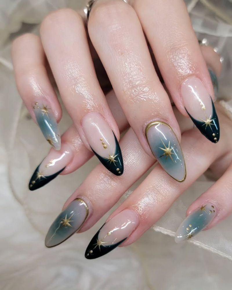 Long Stiletto Nude Black French With Star Studs, Close-Up Take Long Stiletto Nude Black French With Star Studs, Close-Up Take — Black and Gold Nails 2027