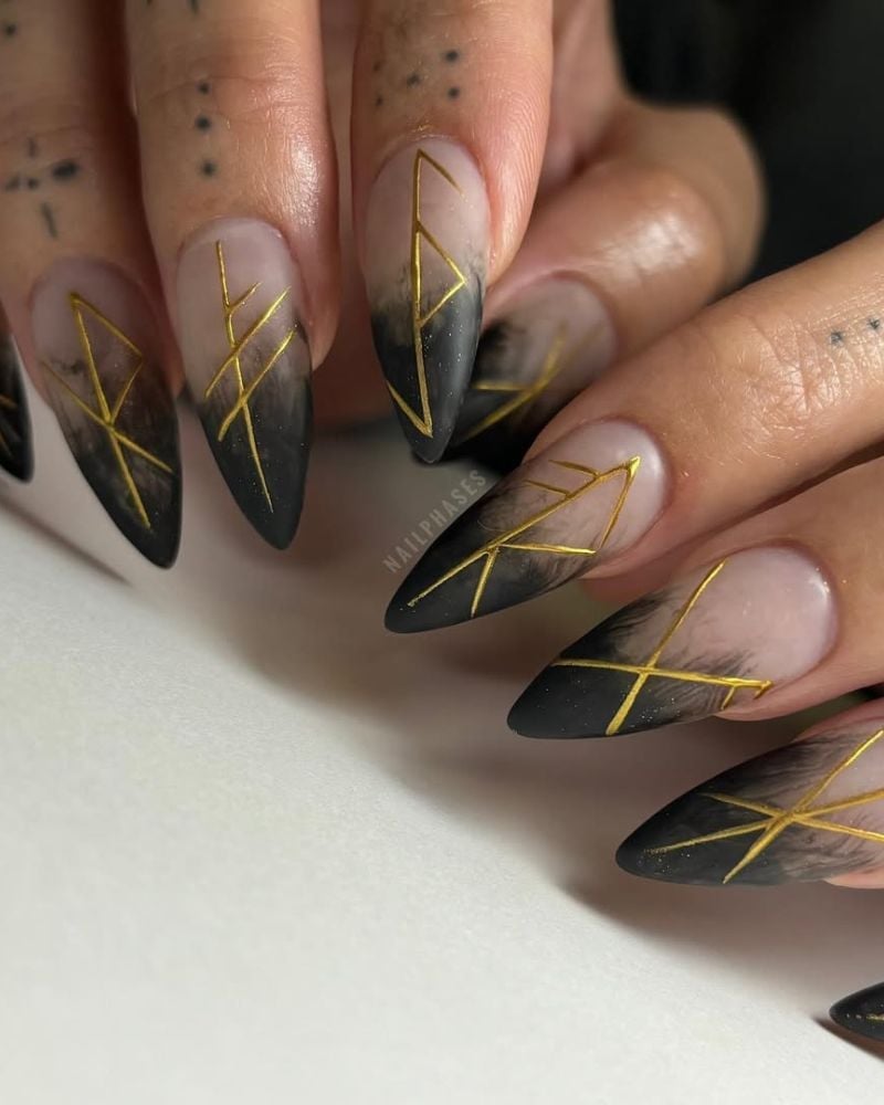 Long Stiletto Nude Black Ombre Gold Lines Long Stiletto Nude Black Ombre Gold Lines — Black and Gold Nails 2027